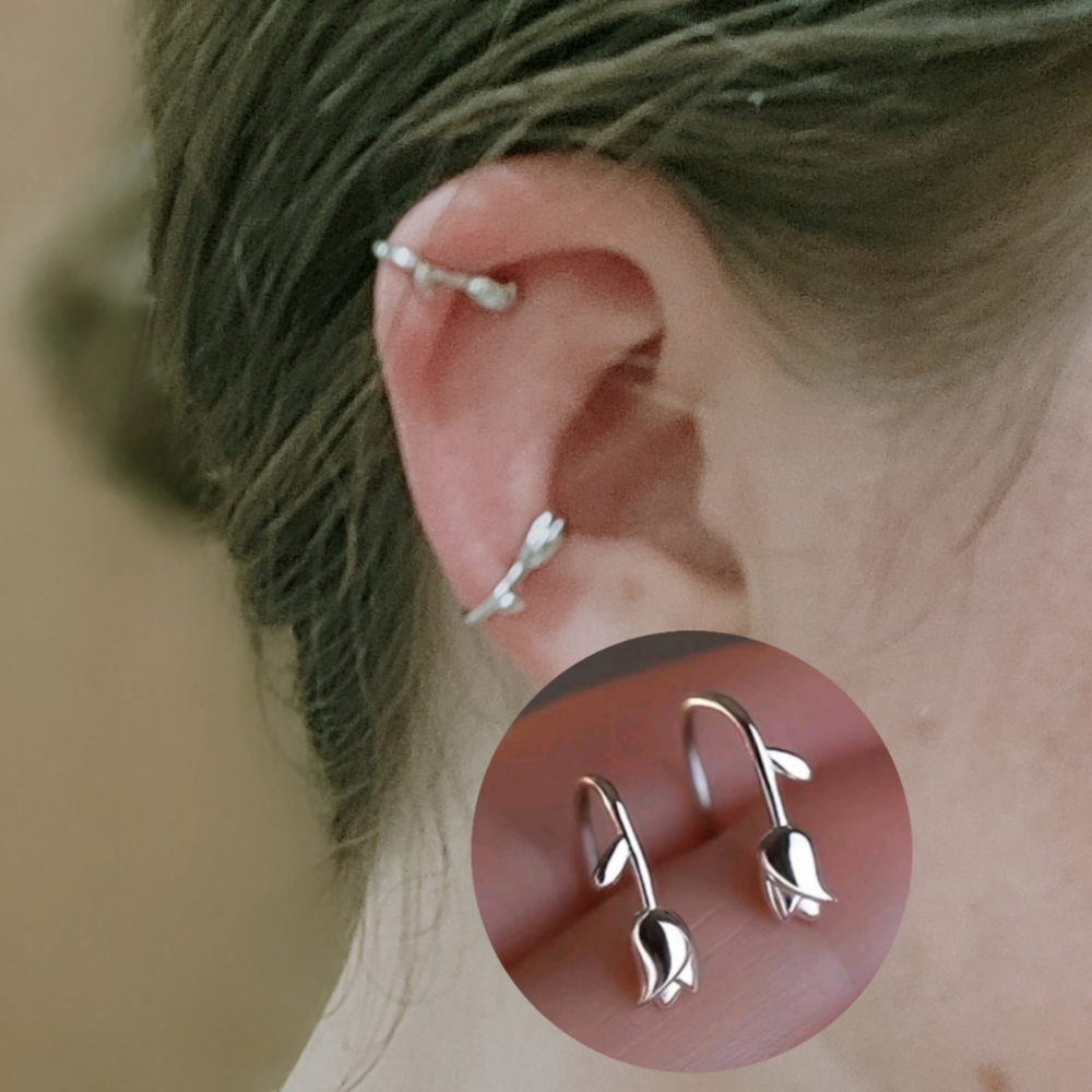 925 Sterling Silver Rose Flower Ear Cuff- No Piercing- Fake Piercing Earrings- N